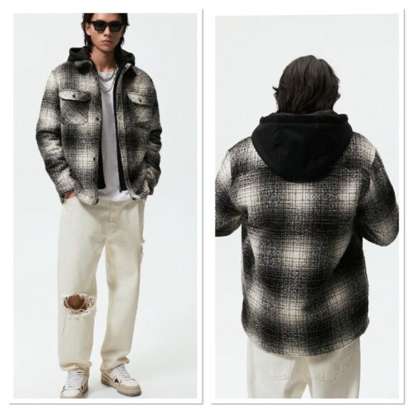Zara men’s contrast flannel button up hooded over shirt jacket size M